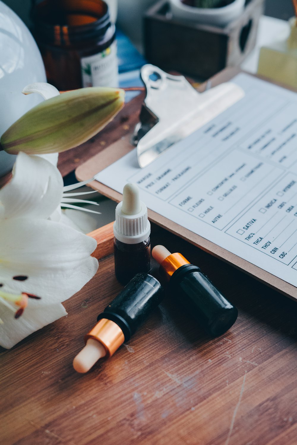 Remedy dropper bottles beside a clipboard of patient notes